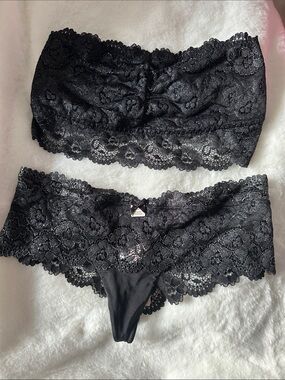Black Lace Strapless Bandeau Bralette & Cheeky Panty Set